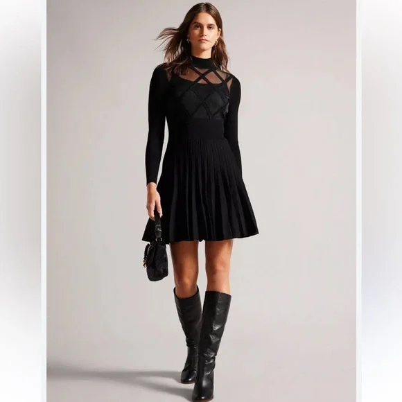 Ted Baker Women Black Sheer Argyle Skater Dress Long Sleeve Size 16-18